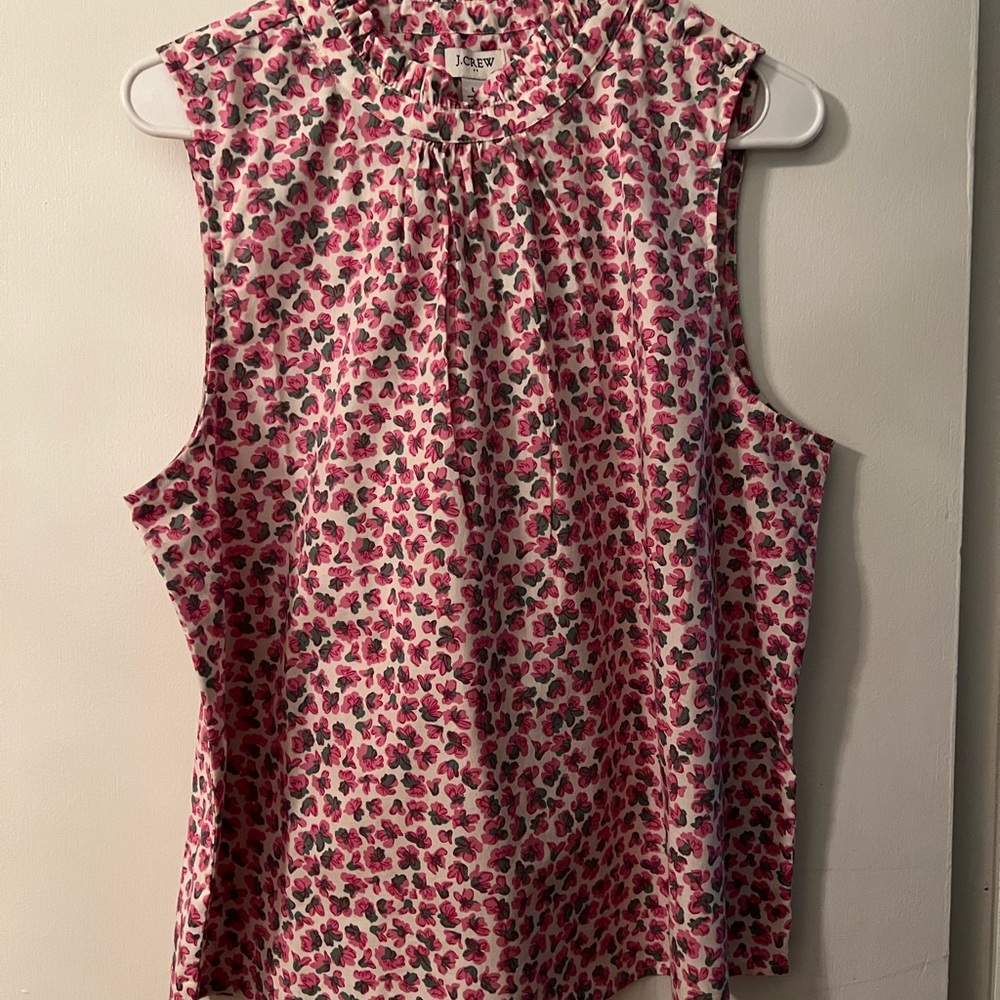J. Crew Pink and Green Floral Sleeveless Ruffled Neck Blouse